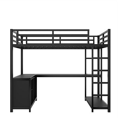 Aoolive Metal Loft Bed with Wardrobe and L-shaped Desk,Twin Size Loft Bed with Cubes and Shelves