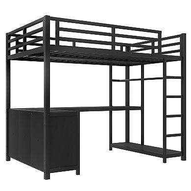 Aoolive Metal Loft Bed with Wardrobe and L-shaped Desk,Twin Size Loft Bed with Cubes and Shelves
