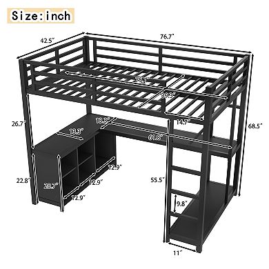 Aoolive Metal Loft Bed with Wardrobe and L-shaped Desk,Twin Size Loft Bed with Cubes and Shelves