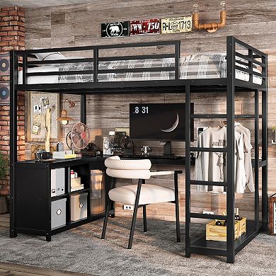 Aoolive Metal Loft Bed with Wardrobe and L-shaped Desk,Twin Size Loft Bed with Cubes and Shelves
