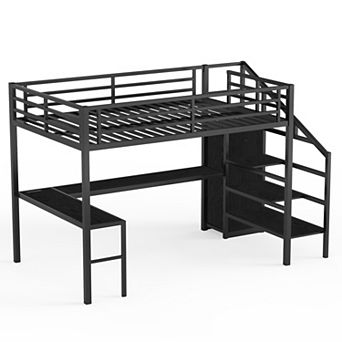 Aoolive Full XL Size Loft Bed with L-shaped Desk and USB,Metal Loft Bed with Wardrobe and LED