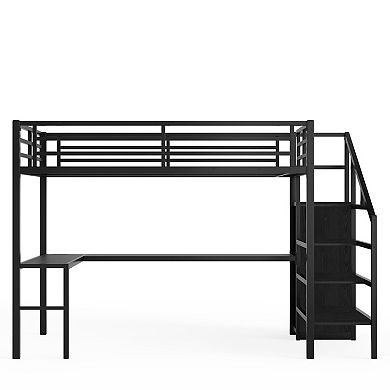 Aoolive Full XL Size Loft Bed with L-shaped Desk and USB,Metal Loft Bed with Wardrobe and LED