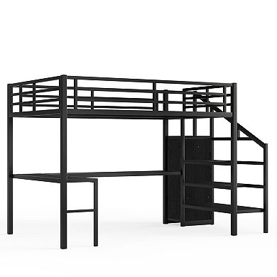 Aoolive Full XL Size Loft Bed with L-shaped Desk and USB,Metal Loft Bed with Wardrobe and LED