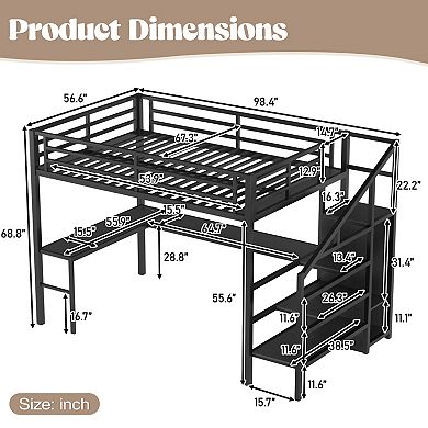 Aoolive Full XL Size Loft Bed with L-shaped Desk and USB,Metal Loft Bed with Wardrobe and LED