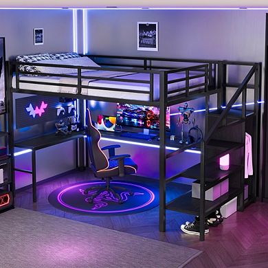 Aoolive Full XL Size Loft Bed with L-shaped Desk and USB,Metal Loft Bed with Wardrobe and LED