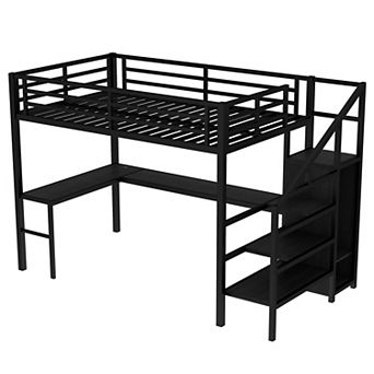 Aoolive Full Size Loft Bed with L-shaped Desk and USB,Metal Loft Bed with Wardrobe and LED