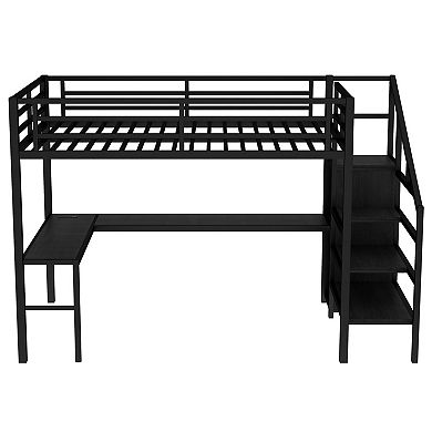 Aoolive Full Size Loft Bed with L-shaped Desk and USB,Metal Loft Bed with Wardrobe and LED