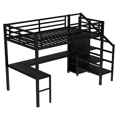 Aoolive Full Size Loft Bed with L-shaped Desk and USB,Metal Loft Bed with Wardrobe and LED
