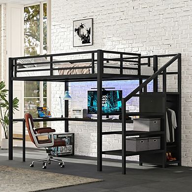 Aoolive Full Size Loft Bed with L-shaped Desk and USB,Metal Loft Bed with Wardrobe and LED