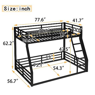 Aoolive Metal Bunk Bed, Twin over Full Floor Bunk Bed Frame, Noise-reduced Design