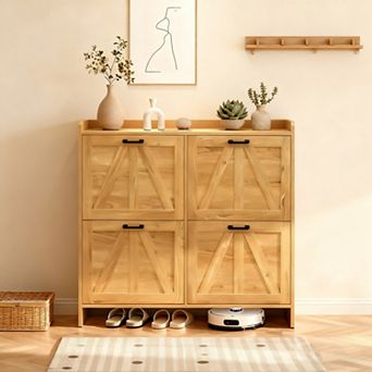 Rustic Barn-Door Shoe Cabinet with 4 Flip Drawers, for Entryway Living Room, 4.3” Bottom Clearance