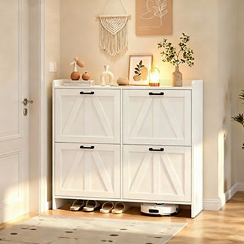 Rustic Barn-Door Shoe Cabinet with 4 Flip Drawers, for Entryway Living Room, 4.3” Bottom Clearance
