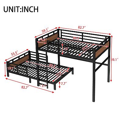Aoolive Full XL over Full XL Metal Bunk Bed,Separable Platform Beds,with raised security fence