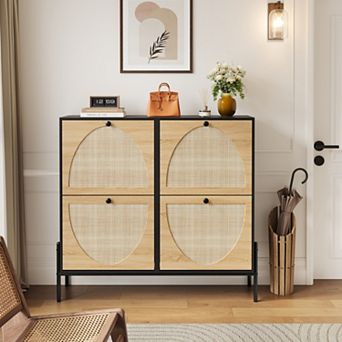 Space-Saving Rattan Shoe Cabinet with 4 Flip-Down Doors, Narrow Storage for Entryway Hallway