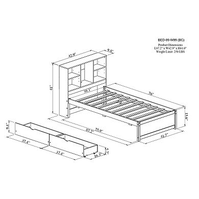 Twin Size Bed Frame with Bookcase Headboard, USB Port & 2 Drawers, Modern Style for Bedroom