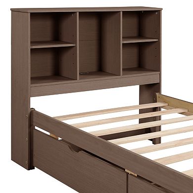 Twin Size Bed Frame with Bookcase Headboard, USB Port & 2 Drawers, Modern Style for Bedroom