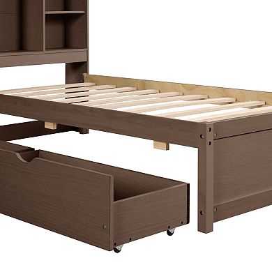 Twin Size Bed Frame with Bookcase Headboard, USB Port & 2 Drawers, Modern Style for Bedroom