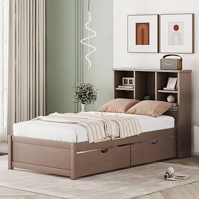 Twin Size Bed Frame with Bookcase Headboard, USB Port & 2 Drawers, Modern Style for Bedroom