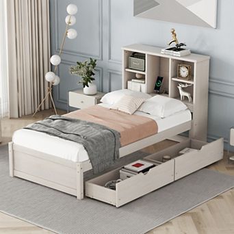 Twin Size Bed Frame with Bookcase Headboard, USB Port & 2 Drawers, Modern Style for Bedroom