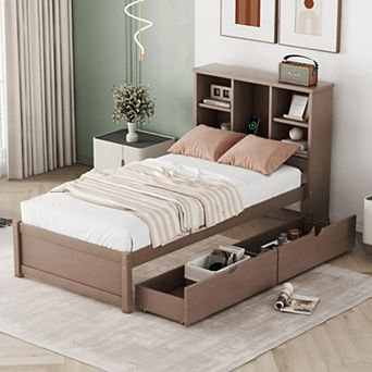 Twin Size Bed Frame with Bookcase Headboard, USB Port & 2 Drawers, Modern Style for Bedroom