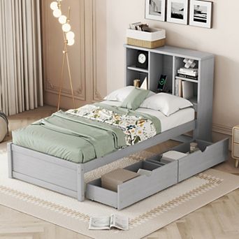 Twin Size Bed Frame with Bookcase Headboard, USB Port & 2 Drawers, Modern Style for Bedroom