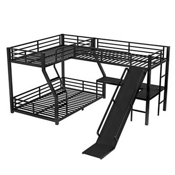 Aoolive L-Shaped Twin over Full Bunk Bed with Twin Size Loft Bed,Metal Triple Bunk Bed with Slide