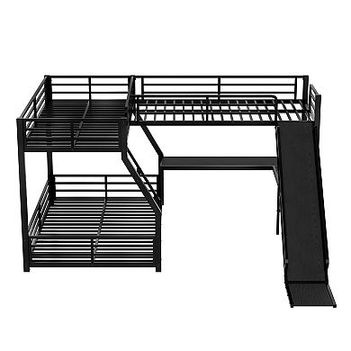 Aoolive L-Shaped Twin over Full Bunk Bed with Twin Size Loft Bed,Metal Triple Bunk Bed with Slide