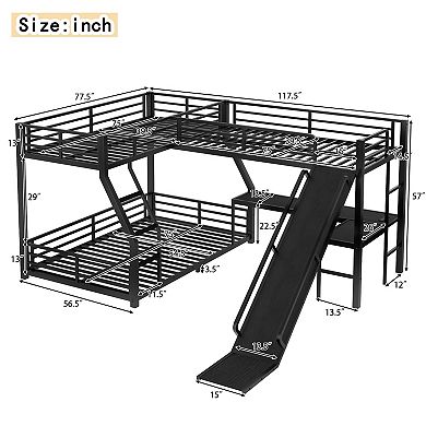 Aoolive L-Shaped Twin over Full Bunk Bed with Twin Size Loft Bed,Metal Triple Bunk Bed with Slide