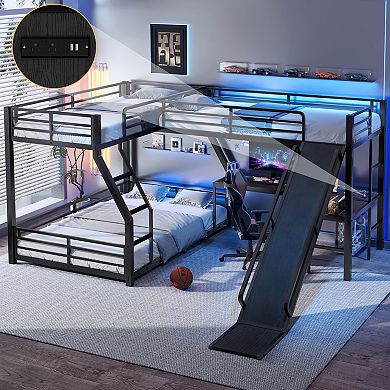 Aoolive L-Shaped Twin over Full Bunk Bed with Twin Size Loft Bed,Metal Triple Bunk Bed with Slide