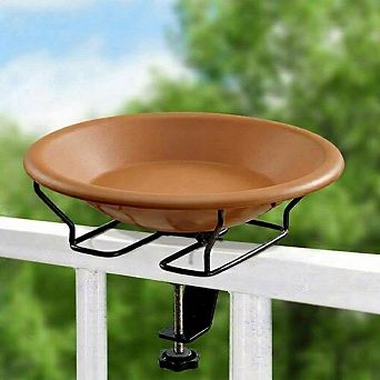 Deck Mounted Bird Bath 12 Inch Plastic Bowl Adjustable Steel Clamp Fits Up to 3.5 Inch Railing