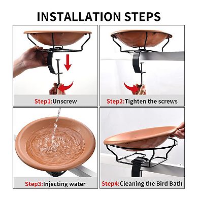 Deck Mounted Bird Bath 12 Inch Plastic Bowl Adjustable Steel Clamp Fits Up to 3.5 Inch Railing