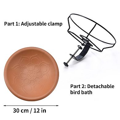 Deck Mounted Bird Bath 12 Inch Plastic Bowl Adjustable Steel Clamp Fits Up to 3.5 Inch Railing