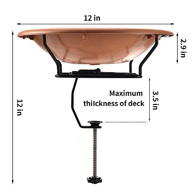 Deck Mounted Bird Bath 12 Inch Plastic Bowl Adjustable Steel Clamp Fits Up to 3.5 Inch Railing