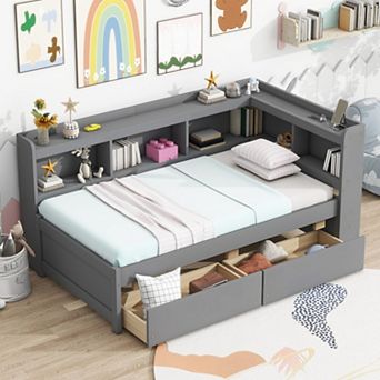 Twin Size L-Shaped Bookcase Bed with Power Outlets, USB Ports & 2 Drawers, Space-Saving for Bedrooms