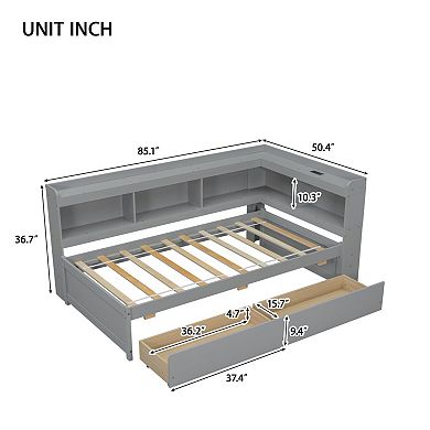 Twin Size L-Shaped Bookcase Bed with Power Outlets, USB Ports & 2 Drawers, Space-Saving for Bedrooms