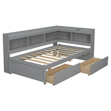 Twin Size L-Shaped Bookcase Bed with Power Outlets, USB Ports & 2 Drawers, Space-Saving for Bedrooms