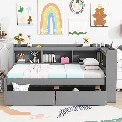 Twin Size L-Shaped Bookcase Bed with Power Outlets, USB Ports & 2 Drawers, Space-Saving for Bedrooms