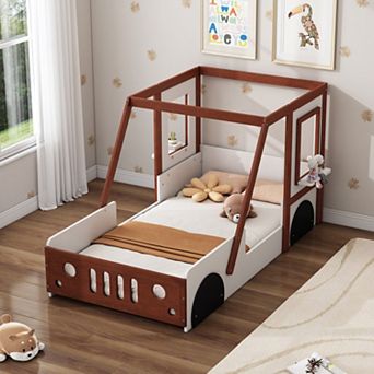 Fun Play Design Twin Size Car Bed, Wood Kids Platform Bed for Boys Girls Teens, Bedroom Play Space