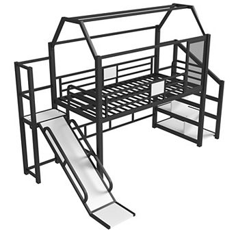 Aoolive Twin House Loft bed with Slide, Metal Playhouse Bed with Storage Shelves, House-shaped Roof
