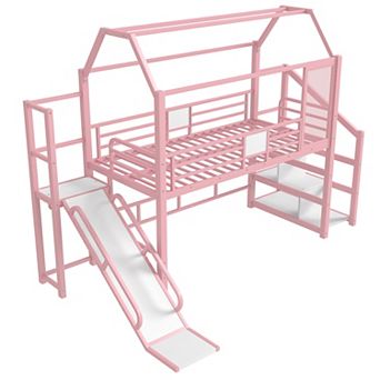 Aoolive Twin House Loft bed with Slide, Metal Playhouse Bed with Storage Shelves, House-shaped Roof
