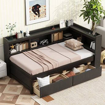 Twin Size L-Shaped Bookcase Bed with Power Outlets, USB Ports & 2 Drawers, Space-Saving for Bedrooms