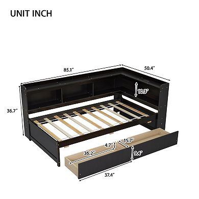 Twin Size L-Shaped Bookcase Bed with Power Outlets, USB Ports & 2 Drawers, Space-Saving for Bedrooms