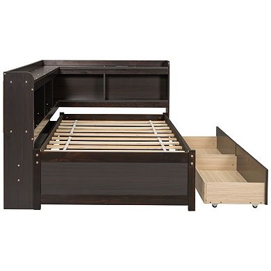 Twin Size L-Shaped Bookcase Bed with Power Outlets, USB Ports & 2 Drawers, Space-Saving for Bedrooms