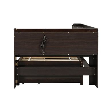 Twin Size L-Shaped Bookcase Bed with Power Outlets, USB Ports & 2 Drawers, Space-Saving for Bedrooms