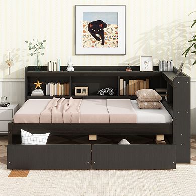 Twin Size L-Shaped Bookcase Bed with Power Outlets, USB Ports & 2 Drawers, Space-Saving for Bedrooms