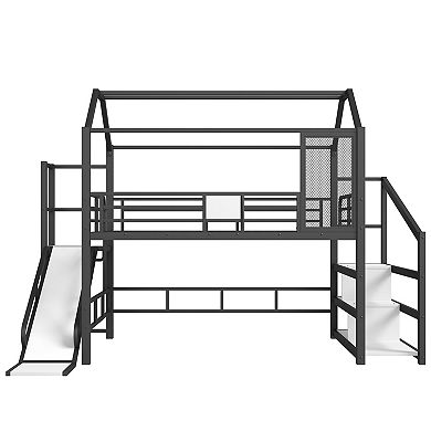 Aoolive Full House Loft bed with Slide, Metal Playhouse Bed with Storage Shelves, House-shaped Roof