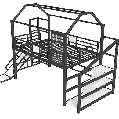 Aoolive Full House Loft bed with Slide, Metal Playhouse Bed with Storage Shelves, House-shaped Roof