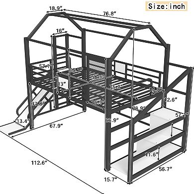 Aoolive Full House Loft bed with Slide, Metal Playhouse Bed with Storage Shelves, House-shaped Roof