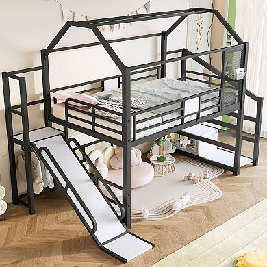 Aoolive Full House Loft bed with Slide, Metal Playhouse Bed with Storage Shelves, House-shaped Roof