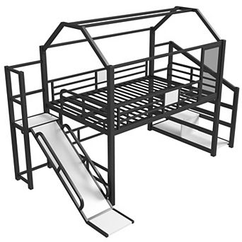 Aoolive Full House Loft bed with Slide, Metal Playhouse Bed with Storage Shelves, House-shaped Roof
